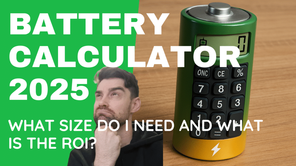 Man looking surprised next to a solar battery and calculator with bold text: “Battery Calculator 2025 – ROI?”