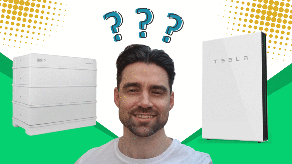 Person standing in front of two home solar batteries, discussing solar battery rebates in Australia.