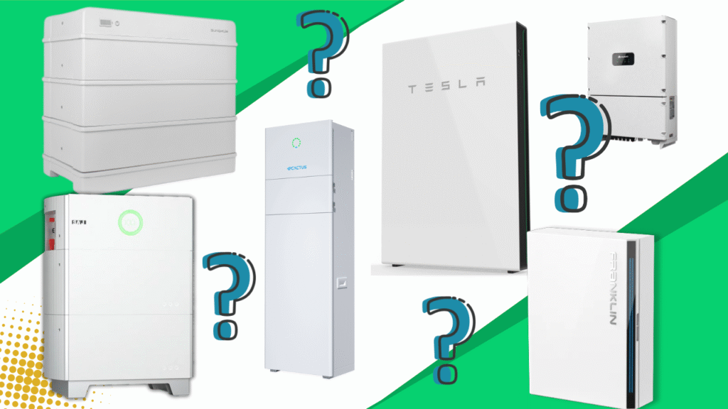 Comparison of solar battery brands in Australia including Tesla, Sungrow, Franklin, and more with question marks over each