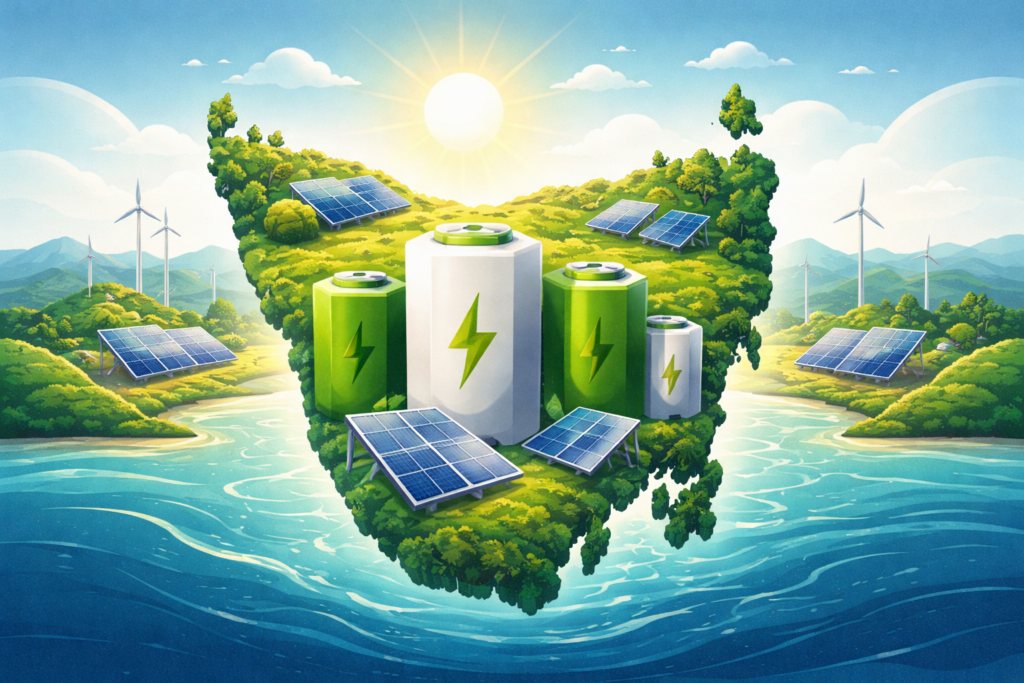 Illustration of Tasmania's battery boom with solar panels and batteries, representing the importance of battery quotes
